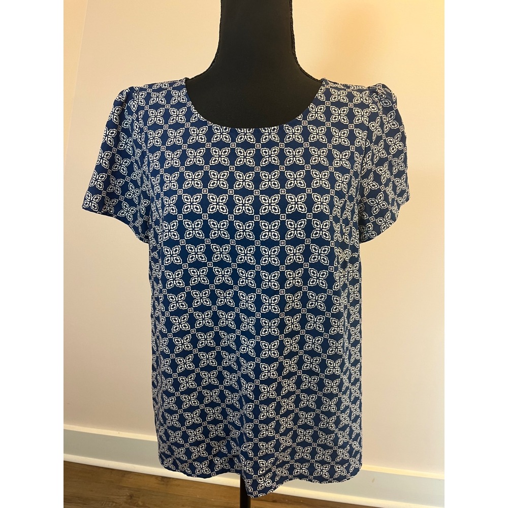 J.Crew Womens Navy Blue White Geometric Floral Tile Puff Sleeve Blouse Size M